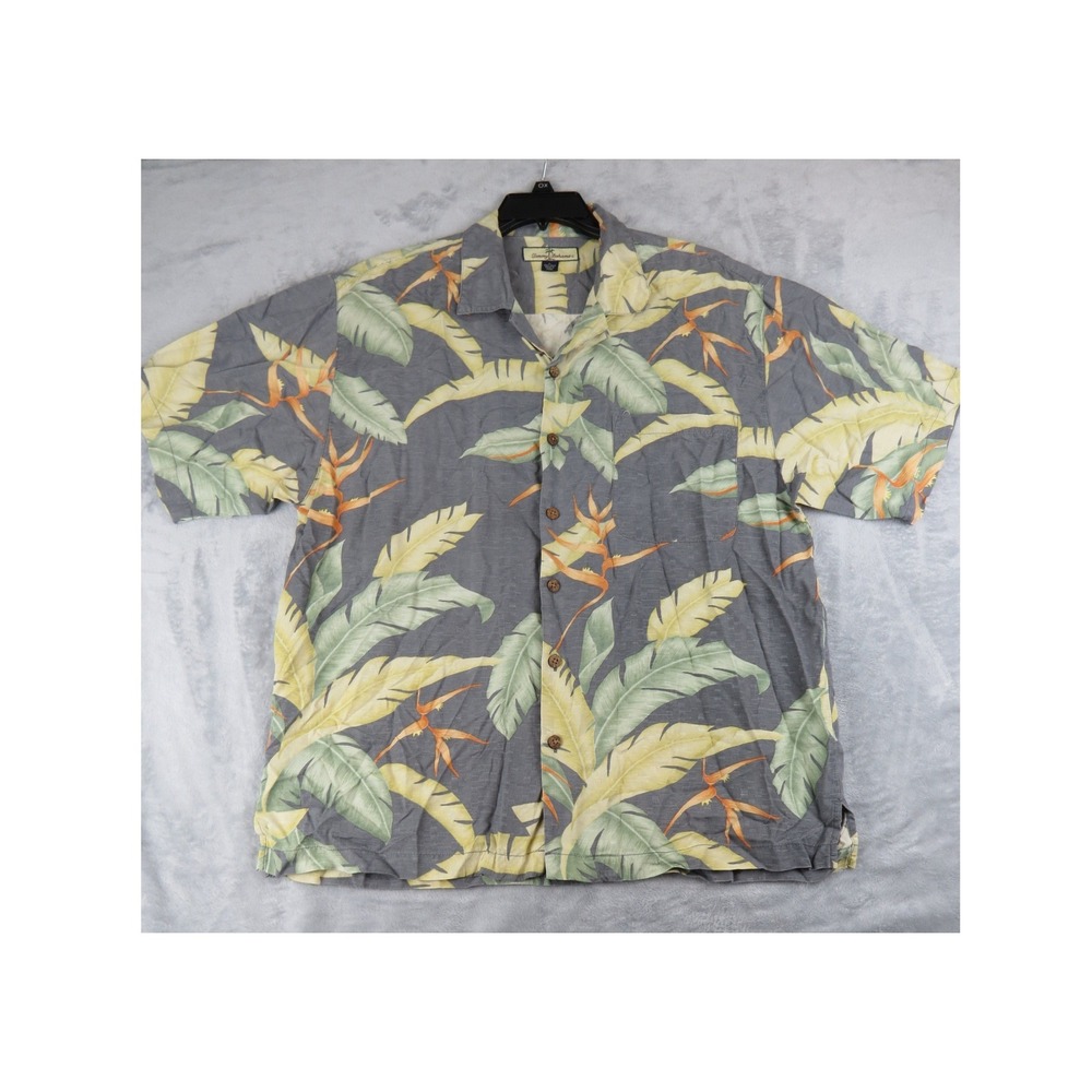 Tommy Bahama Silk Camp Shirt Mens Large Grey Tropical Palm Floral Button Down
